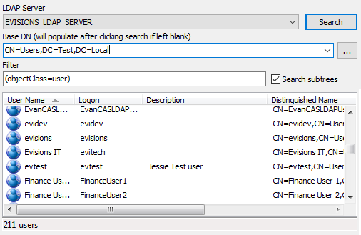 List of users returned after searching for objects with objectClass=user